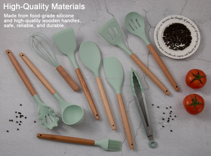 Hot Sale 12 Pieces Silicone Kitchen Accessories Cooking Tools Kitchen Spatula Utensils Sets With Wooden Handle