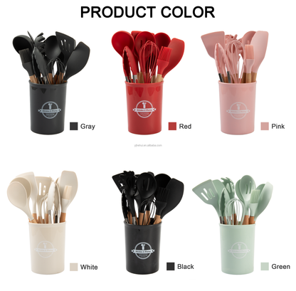 Hot Sale 12 Pieces Silicone Kitchen Accessories Cooking Tools Kitchen Spatula Utensils Sets With Wooden Handle