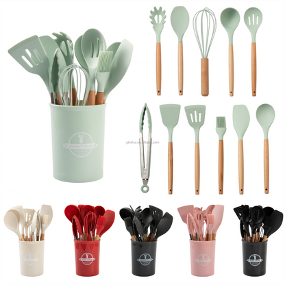 Hot Sale 12 Pieces Silicone Kitchen Accessories Cooking Tools Kitchen Spatula Utensils Sets With Wooden Handle