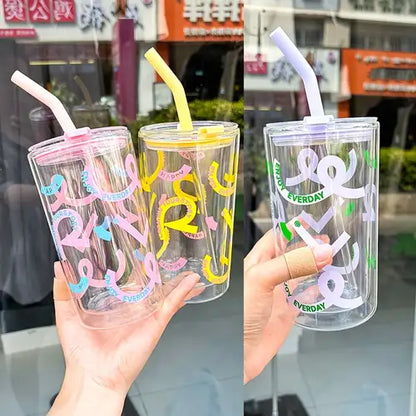 2025 New Cute 730ml Mirror Glass Cup with Straw Office Household Minimalist English Glass Water Bottle