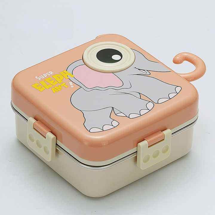 Cute Elephant Square 304 stainless steel lunch box portable auxiliary food box can be heated bento box with soup bowl