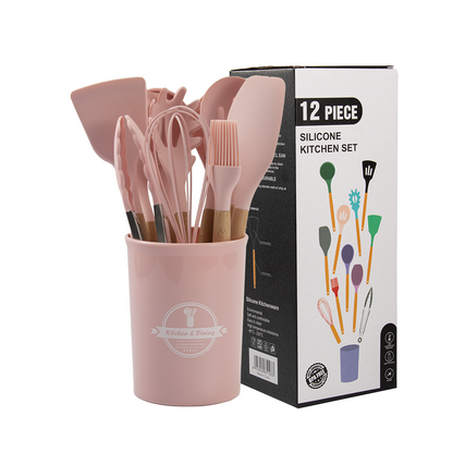 Hot Sale 12 Pieces Silicone Kitchen Accessories Cooking Tools Kitchen Spatula Utensils Sets With Wooden Handle