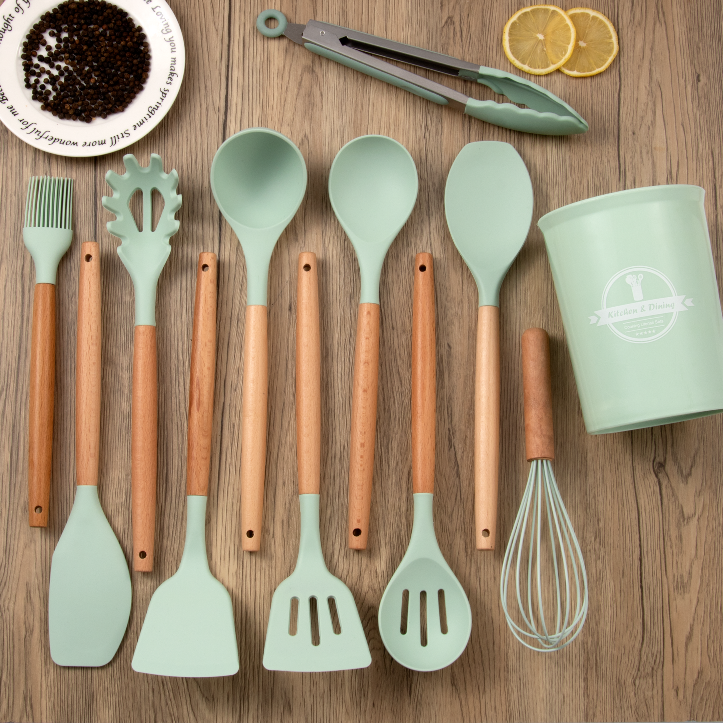 Hot Sale 12 Pieces Silicone Kitchen Accessories Cooking Tools Kitchen Spatula Utensils Sets With Wooden Handle