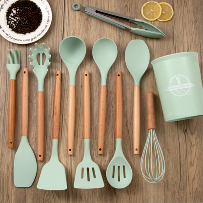 Hot Sale 12 Pieces Silicone Kitchen Accessories Cooking Tools Kitchen Spatula Utensils Sets With Wooden Handle