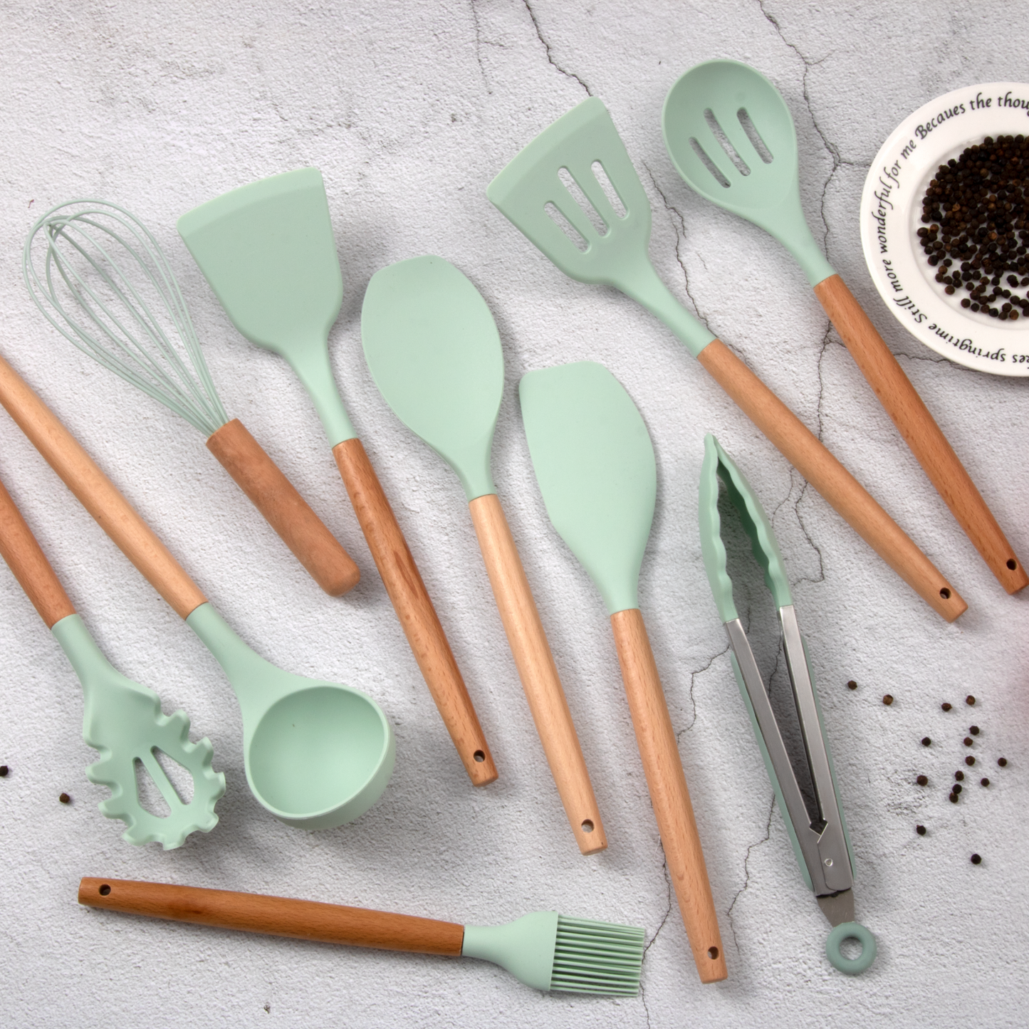 Hot Sale 12 Pieces Silicone Kitchen Accessories Cooking Tools Kitchen Spatula Utensils Sets With Wooden Handle