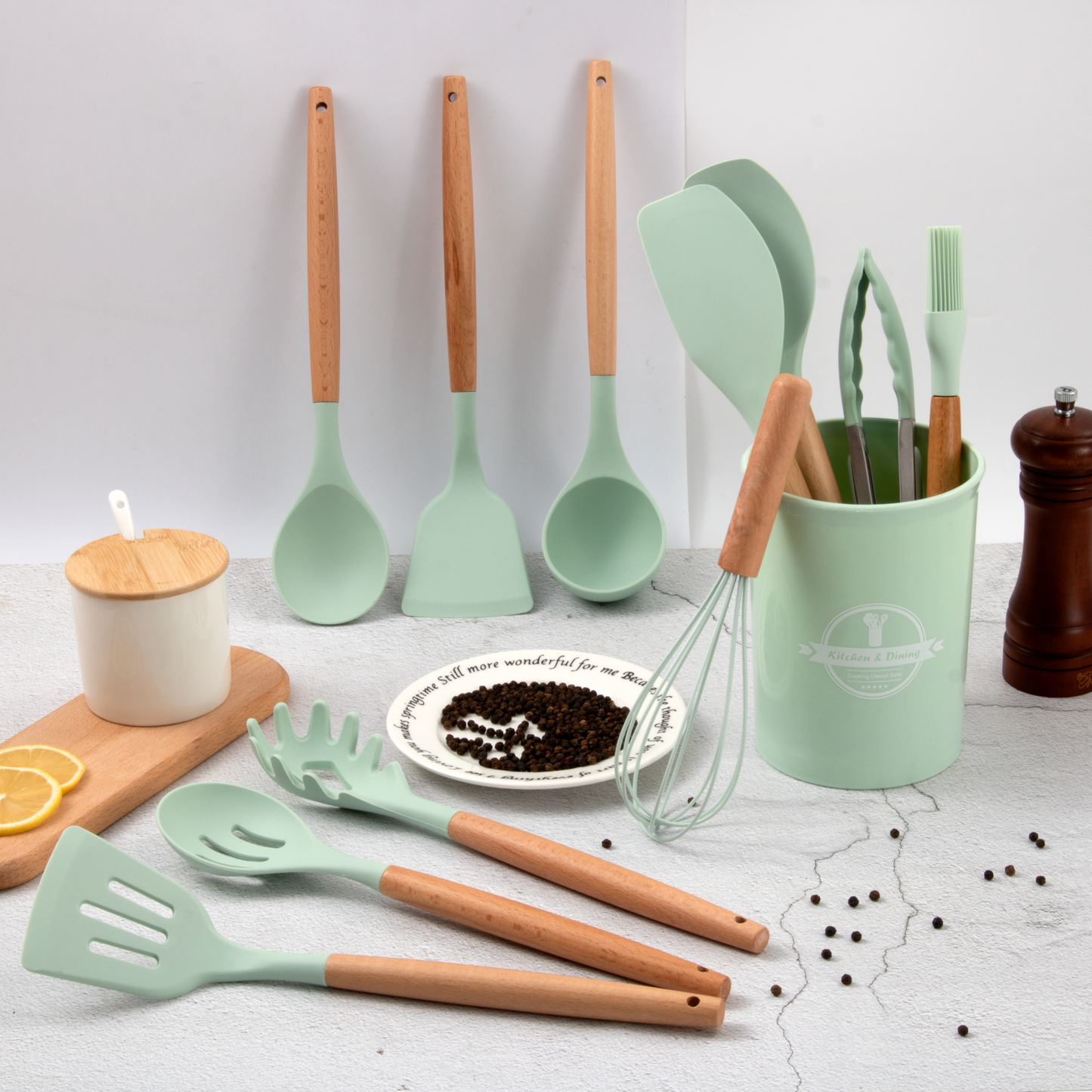 Hot Sale 12 Pieces Silicone Kitchen Accessories Cooking Tools Kitchen Spatula Utensils Sets With Wooden Handle