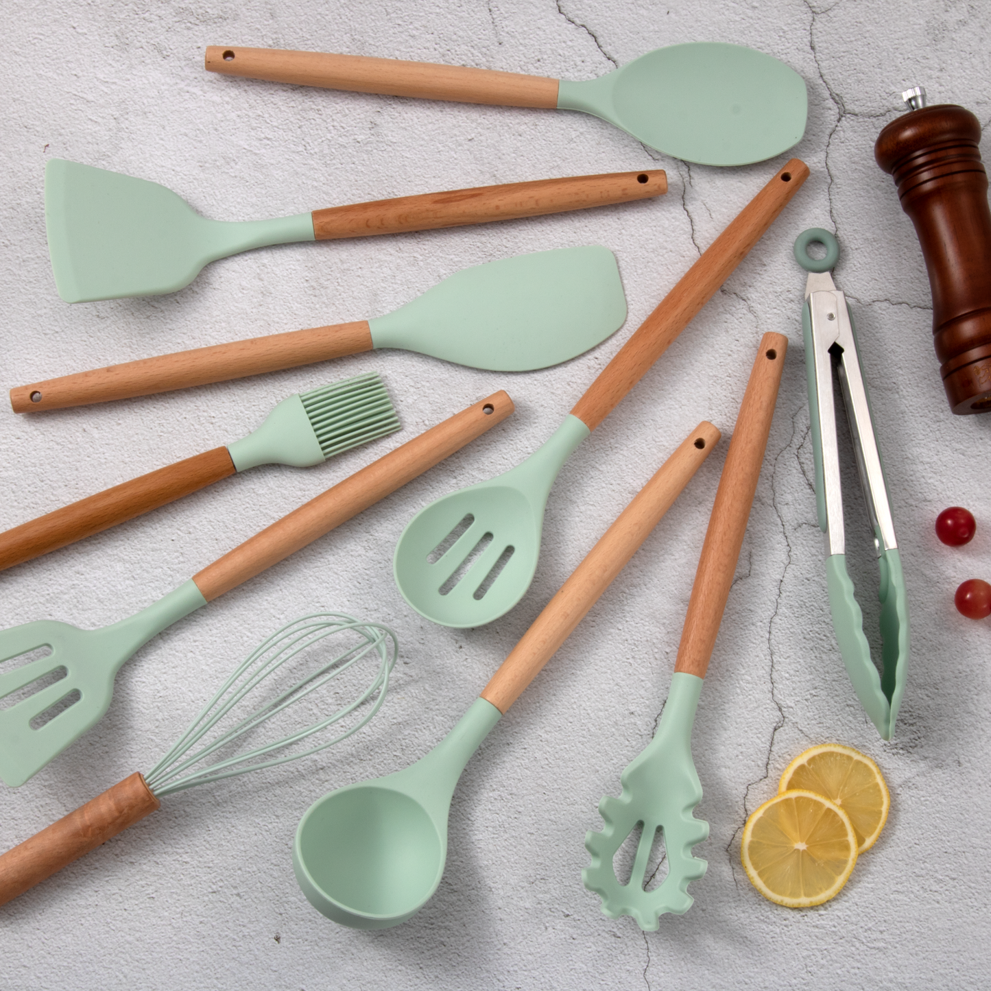 Hot Sale 12 Pieces Silicone Kitchen Accessories Cooking Tools Kitchen Spatula Utensils Sets With Wooden Handle