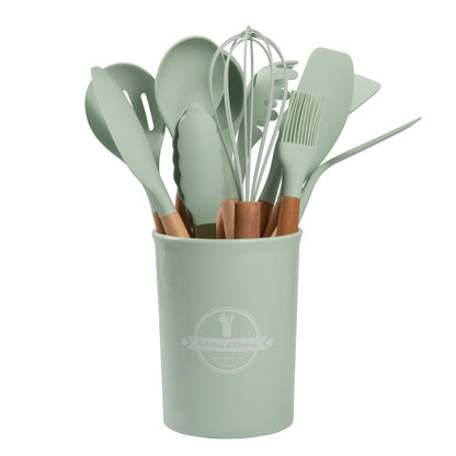 Hot Sale 12 Pieces Silicone Kitchen Accessories Cooking Tools Kitchen Spatula Utensils Sets With Wooden Handle